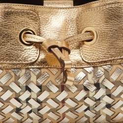 Pre Owned Burberry Gold/Beige Woven Leather and House Check Coated Canvas Warrior Hobo