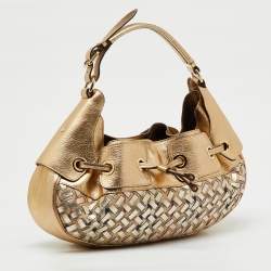 Pre Owned Burberry Gold/Beige Woven Leather and House Check Coated Canvas Warrior Hobo