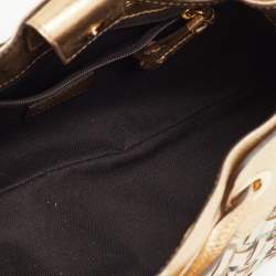 Pre Owned Burberry Gold/Beige Woven Leather and House Check Coated Canvas Warrior Hobo