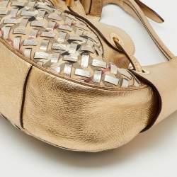 Pre Owned Burberry Gold/Beige Woven Leather and House Check Coated Canvas Warrior Hobo
