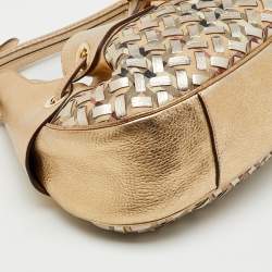 Pre Owned Burberry Gold/Beige Woven Leather and House Check Coated Canvas Warrior Hobo