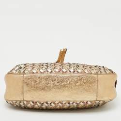 Pre Owned Burberry Gold/Beige Woven Leather and House Check Coated Canvas Warrior Hobo