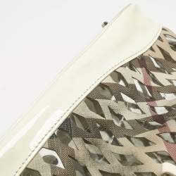 Pre Owned Burberry White/Beige Nova Check Laser Cut PVC and Patent Leather Drawstring Hobo