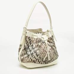 Pre Owned Burberry White/Beige Nova Check Laser Cut PVC and Patent Leather Drawstring Hobo