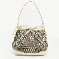 Pre Owned Burberry White/Beige Nova Check Laser Cut PVC and Patent Leather Drawstring Hobo