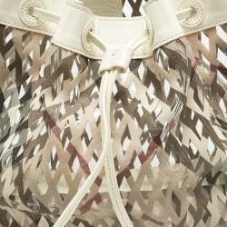 Pre Owned Burberry White/Beige Nova Check Laser Cut PVC and Patent Leather Drawstring Hobo