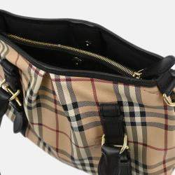 Pre Owned Burberry House Check Beige Coated Canvas and Leather Hobo Bag