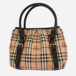 Pre Owned Burberry House Check Beige Coated Canvas and Leather Hobo Bag