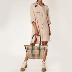 Pre Owned Burberry Beige/Black Haymarket Check Coated Canvas and Leather Salisbury Tote