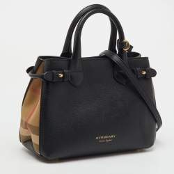 Pre Owned Burberry Black/Beige Leather and House Check Fabric Small Banner Tote