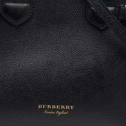 Pre Owned Burberry Black/Beige Leather and House Check Fabric Small Banner Tote
