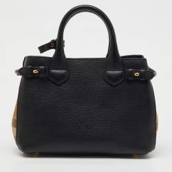 Pre Owned Burberry Black/Beige Leather and House Check Fabric Small Banner Tote