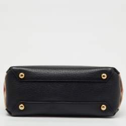 Pre Owned Burberry Black/Beige Leather and House Check Fabric Small Banner Tote
