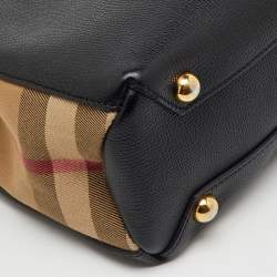 Pre Owned Burberry Black/Beige Leather and House Check Fabric Small Banner Tote