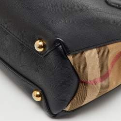 Pre Owned Burberry Black/Beige Leather and House Check Fabric Small Banner Tote