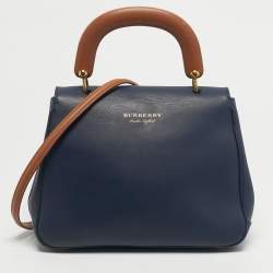Pre Owned Burberry Navy Blue/Tan Leather Medium DK88 Top Handle Bag
