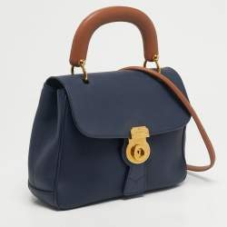 Pre Owned Burberry Navy Blue/Tan Leather Medium DK88 Top Handle Bag