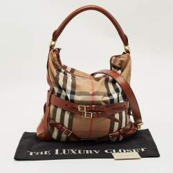 Pre Owned Burberry Brown/Beige House Check Fabric and Leather Medium Bridle Gosford Hobo
