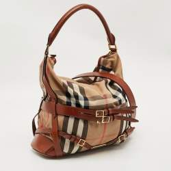 Pre Owned Burberry Brown/Beige House Check Fabric and Leather Medium Bridle Gosford Hobo