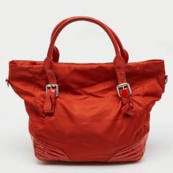 Pre Owned Burberry Orange Nylon and Patent Leather Buckle Handle Tote