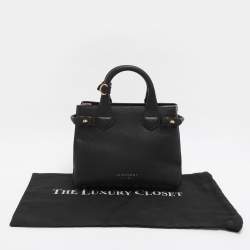 Pre Owned Burberry Black/Beige Leather and House Check Fabric Mini Banner Tote