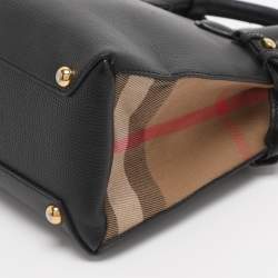 Pre Owned Burberry Black/Beige Leather and House Check Fabric Mini Banner Tote