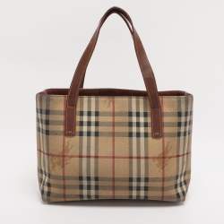 Pre Owned Burberry Brown/Beige Haymarket Check Coated Canvas Tote