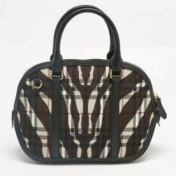 Pre Owned Burberry Black/Brown Zebra Print Haymarket Check Nylon and Leather Orchard Bowler Bag