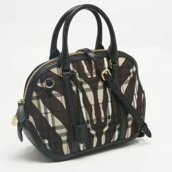Pre Owned Burberry Black/Brown Zebra Print Haymarket Check Nylon and Leather Orchard Bowler Bag