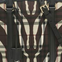 Pre Owned Burberry Black/Brown Zebra Print Haymarket Check Nylon and Leather Orchard Bowler Bag