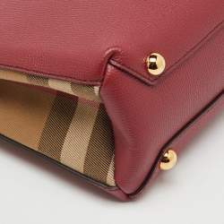 Pre Owned Burberry Red/Beige Leather and House Check Fabric Small Banner Tote