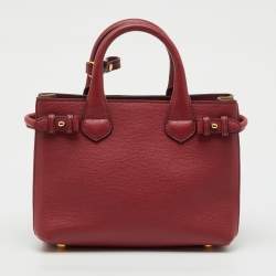Pre Owned Burberry Red/Beige Leather and House Check Fabric Small Banner Tote