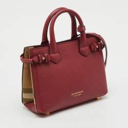 Pre Owned Burberry Red/Beige Leather and House Check Fabric Small Banner Tote