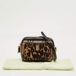 Pre Owned Burberry Brown/Black Leopard Print Calfhair and House Check Fabric TB Camera Bag