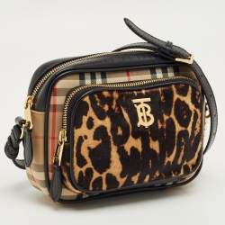 Pre Owned Burberry Brown/Black Leopard Print Calfhair and House Check Fabric TB Camera Bag