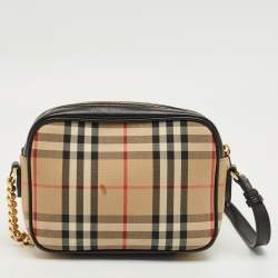 Pre Owned Burberry Brown/Black Leopard Print Calfhair and House Check Fabric TB Camera Bag