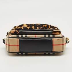 Pre Owned Burberry Brown/Black Leopard Print Calfhair and House Check Fabric TB Camera Bag