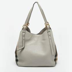 Pre Owned Burberry Grey/Beige House Check Canvas and Leather Canterbury Tote