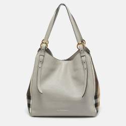 Pre Owned Burberry Grey/Beige House Check Canvas and Leather Canterbury Tote