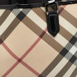 Pre Owned Burberry Beige/Black Supernova Check Coated Canvas and Patent Leather Nickie Tote