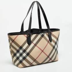 Pre Owned Burberry Beige/Black Supernova Check Coated Canvas and Patent Leather Nickie Tote
