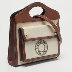 Pre Owned Burberry Brown/Cream Leather and Canvas Mini Pocket Tote