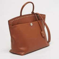 Pre Owned Burberry Brown Leather Studded Society Top Handle Bag