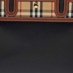 Pre Owned Burberry Black/Beige Housecheck Fabric and Leather Title Tote