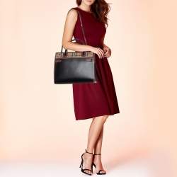 Pre Owned Burberry Black/Beige Housecheck Fabric and Leather Title Tote
