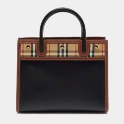 Pre Owned Burberry Black/Beige Housecheck Fabric and Leather Title Tote