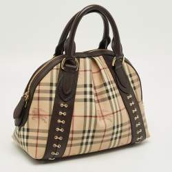 Pre Owned Burberry Brown/Beige Haymarket Check Coated Canvas and Leather Thornley Bag