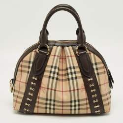 Pre Owned Burberry Brown/Beige Haymarket Check Coated Canvas and Leather Thornley Bag