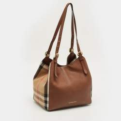 Pre Owned Burberry Brown/Beige House Check Fabric and Leather Small Canterbury Tote