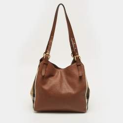 Pre Owned Burberry Brown/Beige House Check Fabric and Leather Small Canterbury Tote